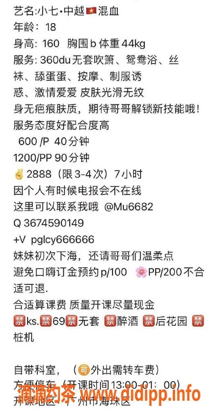 广州楼凤-广州小七·中越混血18岁，44kg，600元/次