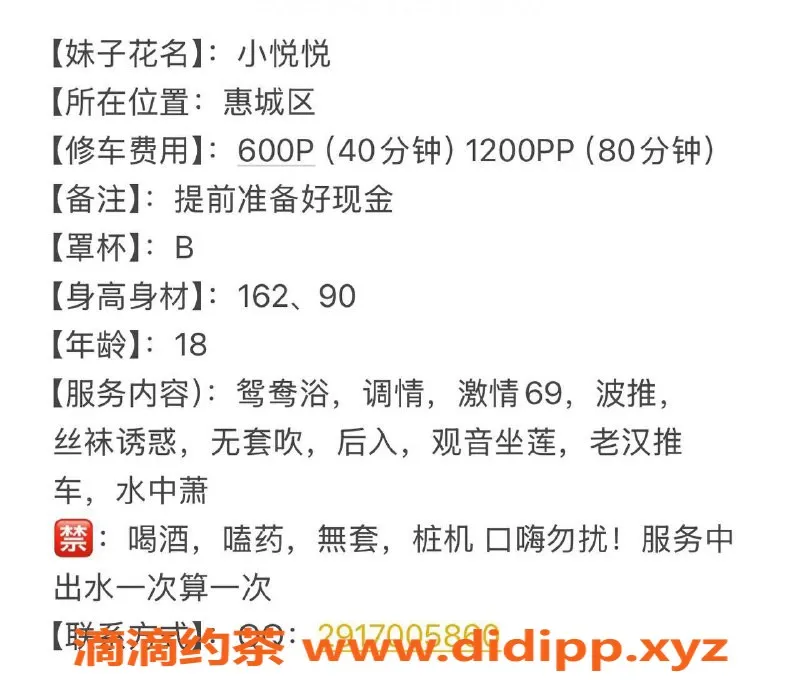 惠州楼凤-惠城区小悦悦，18岁，600p/1200pp，服务多样