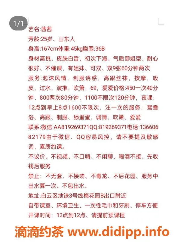 广州楼凤资源信息,白云梅花园茜茜，服务超赞，课费450起